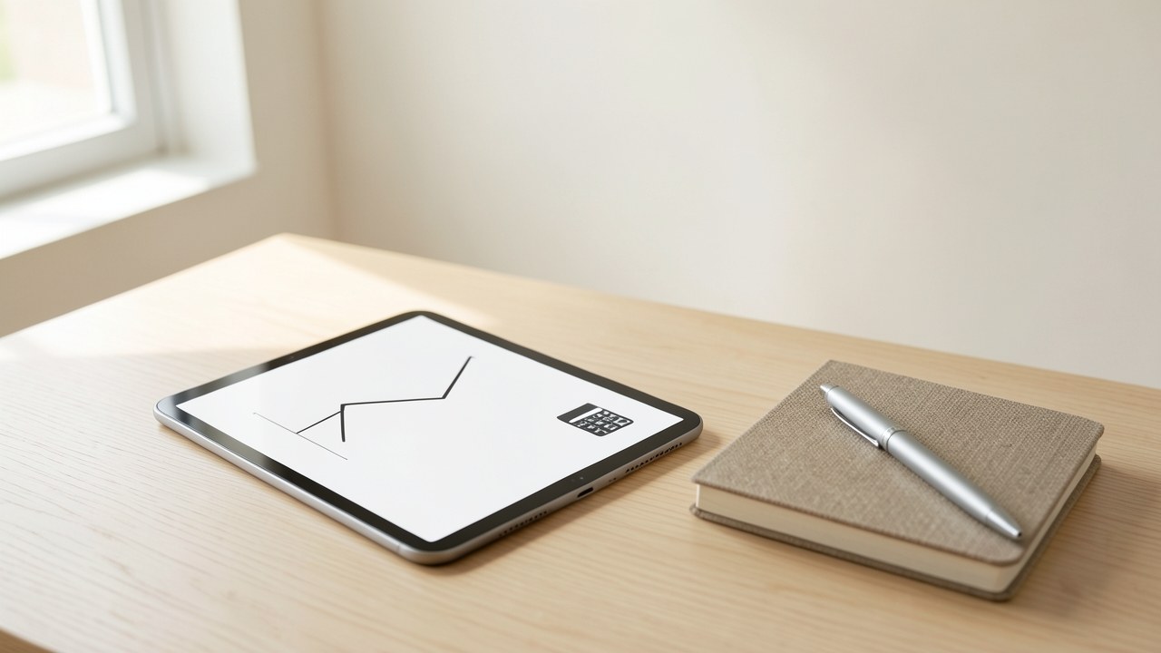 A clean desk with a tablet showing a simple loan payment chart, a notepad, and a pen, conveying clear financial planning.