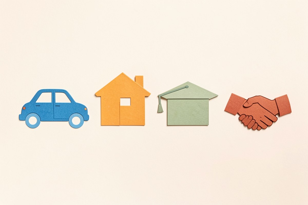 Four small icons representing different loan types: car, home, graduation cap, and handshake.