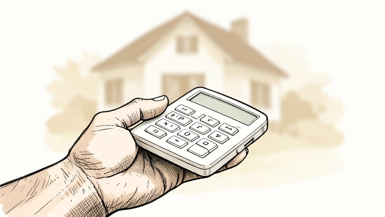 A hand holding a calculator with a home in the background, representing affordability.